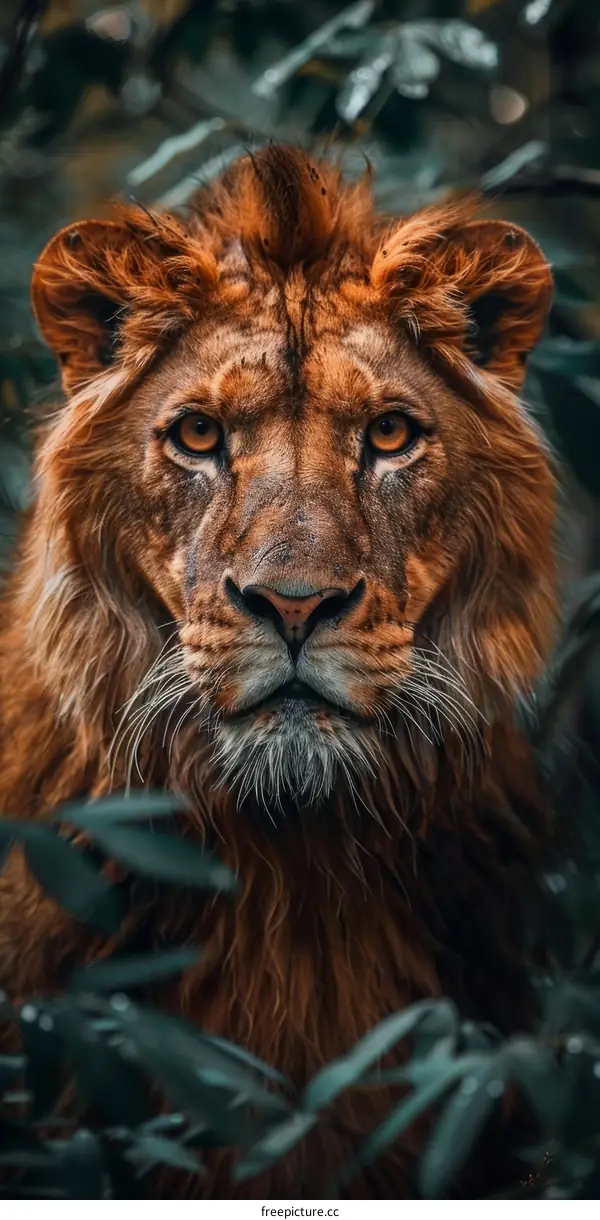 Portrait of a male lion with a brown mane staring at the camera
