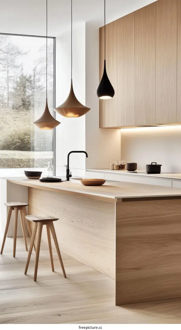 Modern Light Wood Kitchen Island with Pendant Lights