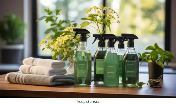 Green cleaning products with flowers and towels on a wooden table