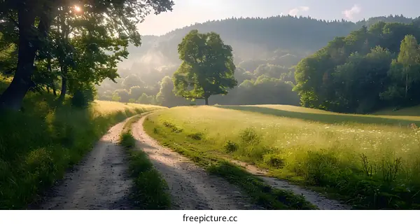 Sunrise over a path through a meadow in the mountains