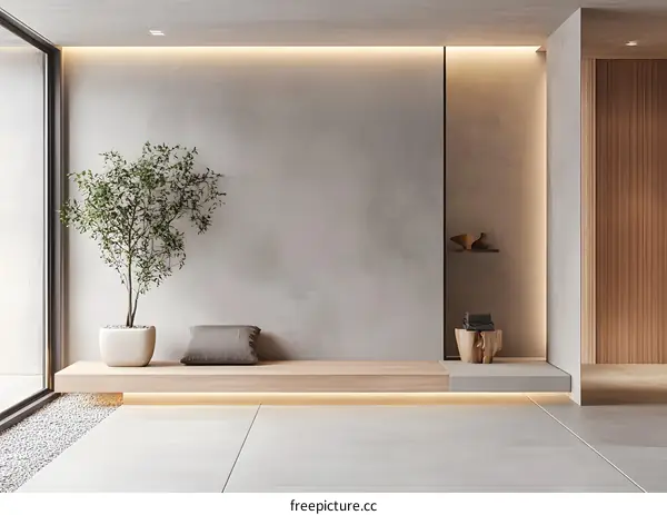 Minimalist Interior Design With A Wooden Bench And A Plant