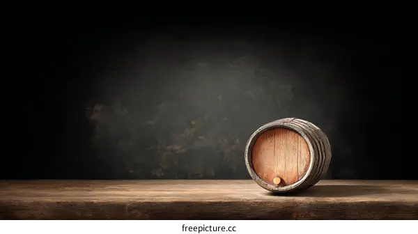 Wooden Barrel on Wooden Tabletop Dark Background
