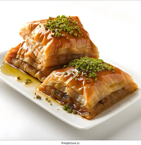 Baklava with Pistachios on White Plate