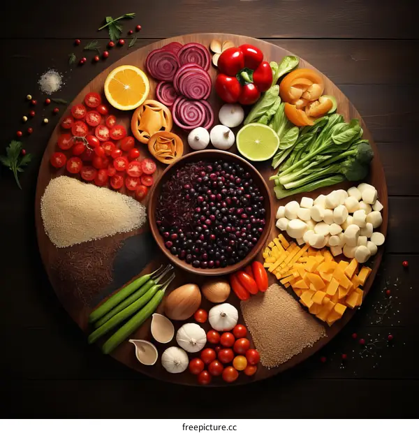 An abundance of fresh vegetables and grains arranged in a circular pattern on a wooden table