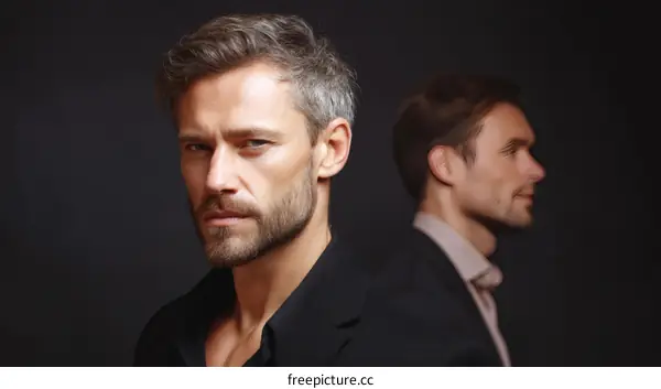 Two Men in Formalwear Against Dark Background