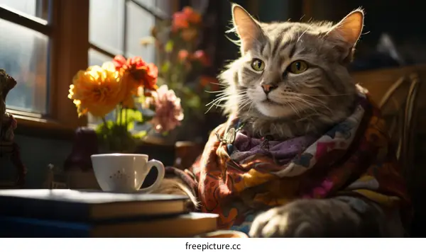 Gray Cat in a Scarf Gazing Out the Window