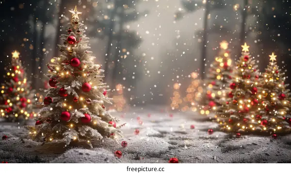 Christmas Trees in a Snowy Forest