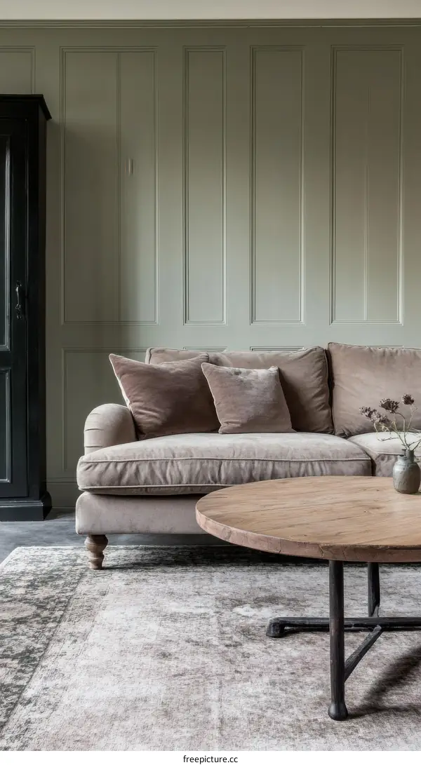 Beige Velvet Sofa and Wooden Coffee Table in a Green Panelled Room