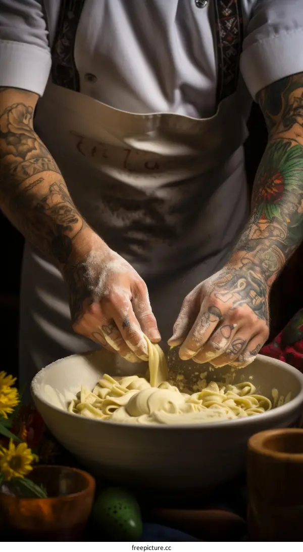 Tattooed chef kneading dough in a bowl
