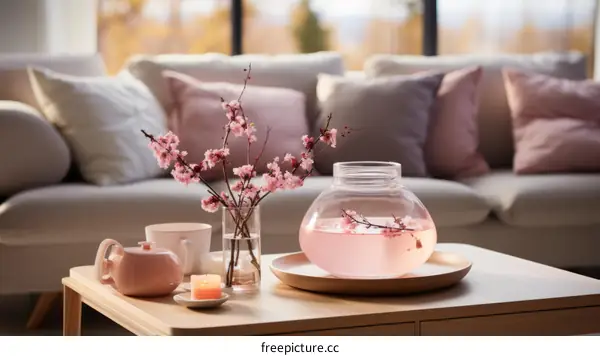An elegant living room with a vase of cherry blossoms