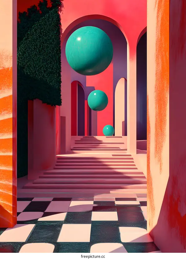 Abstract Surrealist Architecture with Green Spheres