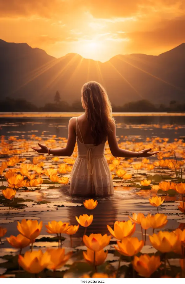 girl standing in a lake with yellow flowers and mountains in the background
