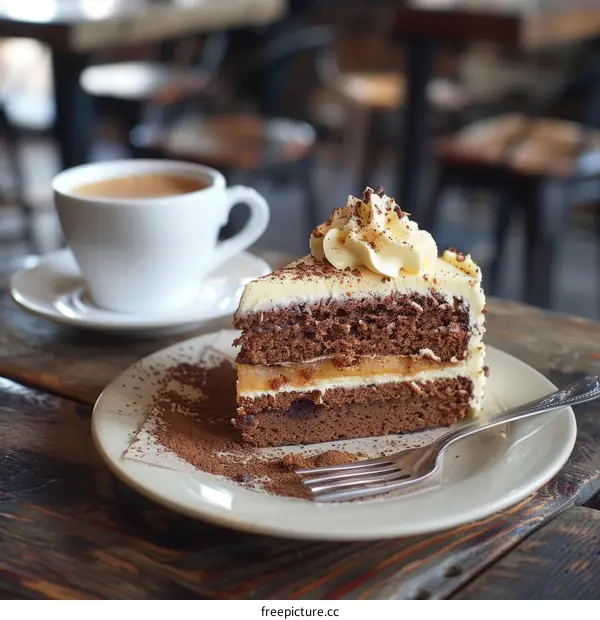 A delicious slice of chocolate cake on a white plate with a cup of coffee in the background