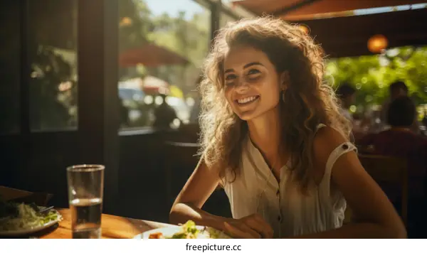 Portrait of a smiling young woman sitting at a restaurant table