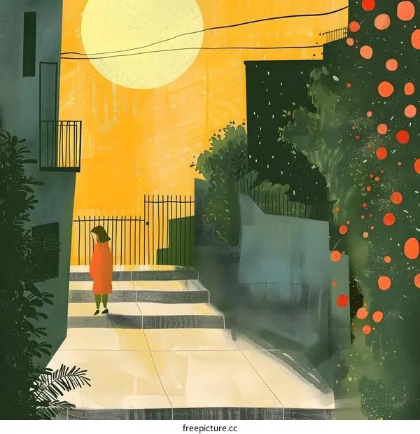 Girl in Red Standing on Stairs at Sunset