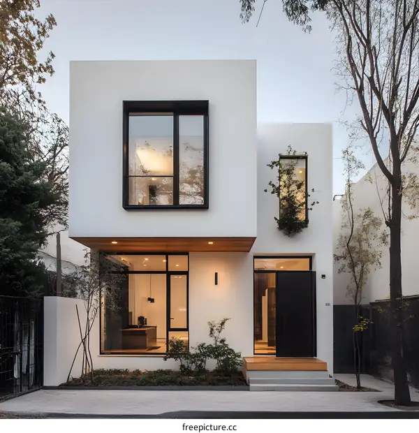 Modern White House with Black Windows and Wooden Accents