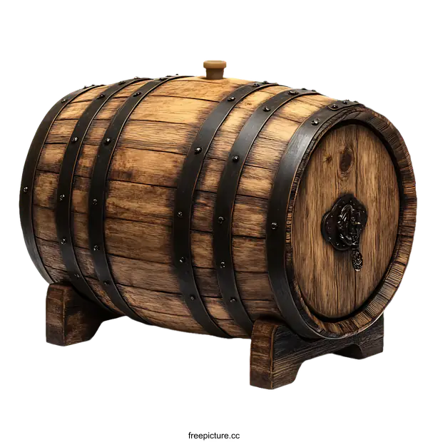 [Transparent Background PNG]Antique Wooden Barrel with Metal Bands