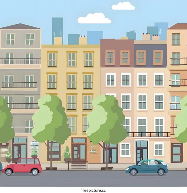 Cityscape Illustration With Green Trees and Cars