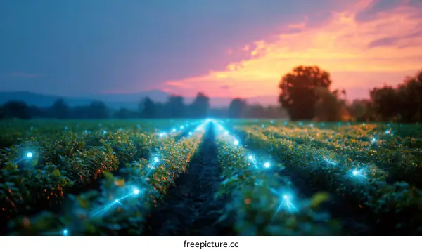 Smart Agriculture Field at Sunset