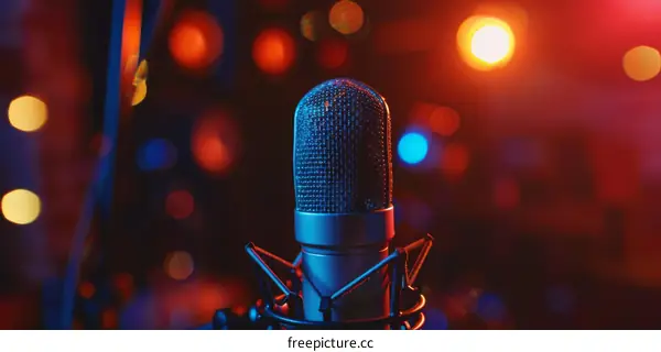 Blue Microphone in a Recording Studio with Red and Blue Lights