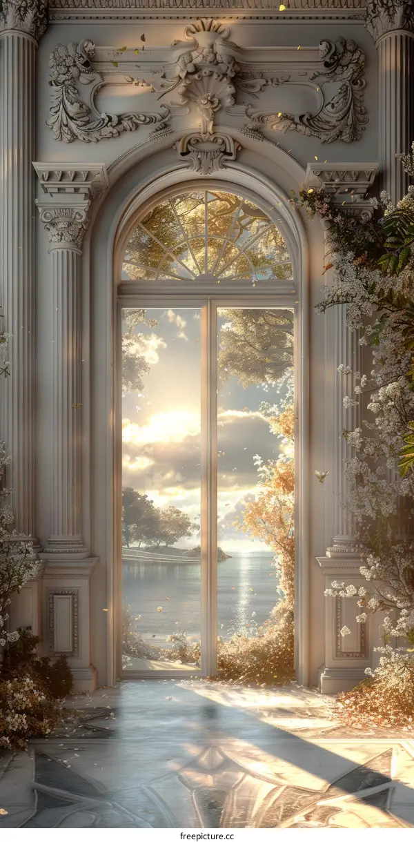 Elegant Arched French Doors with Sunset View