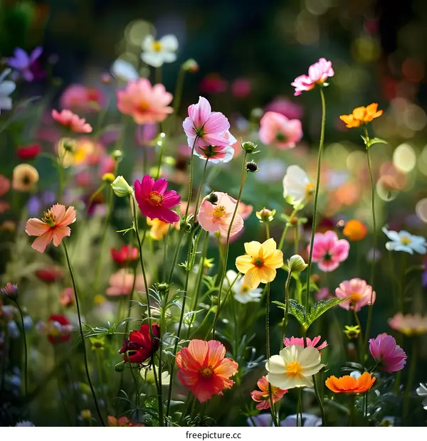 Colorful Cosmos Flowers Blooming In A Field