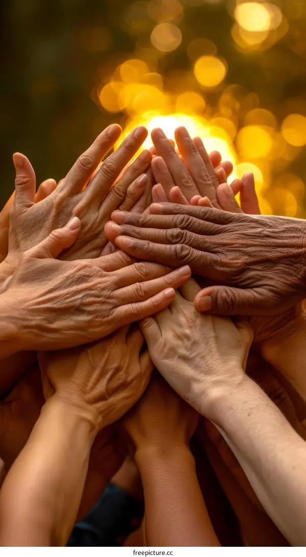 Multiracial group of people joining hands together in unity and solidarity