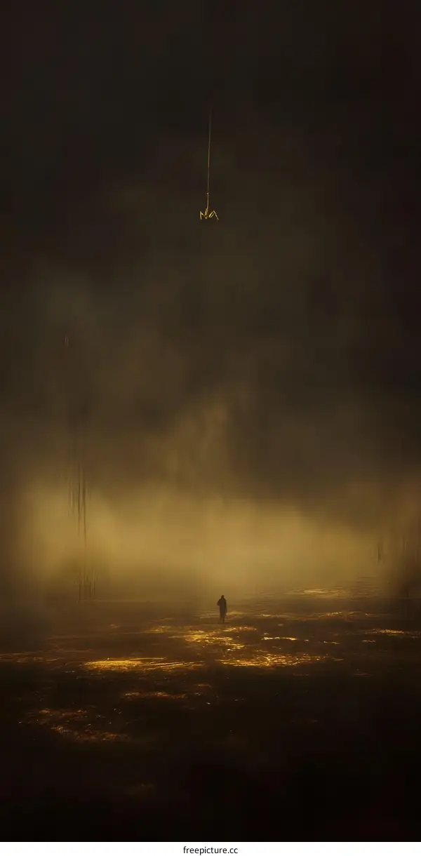 A Single Figure Walking in the Mist with a Spider Web Hanging Overhead