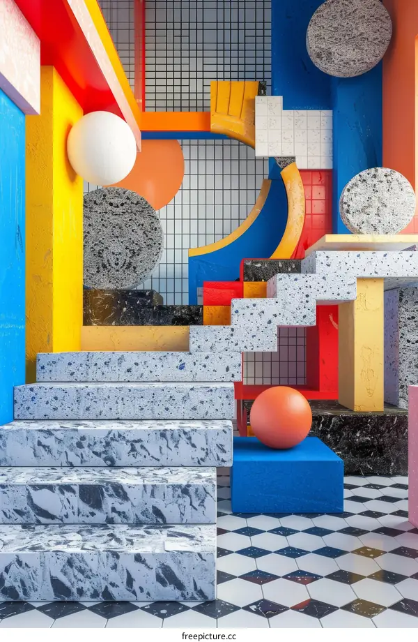 3D rendering of a colorful abstract room with geometric shapes and stairs