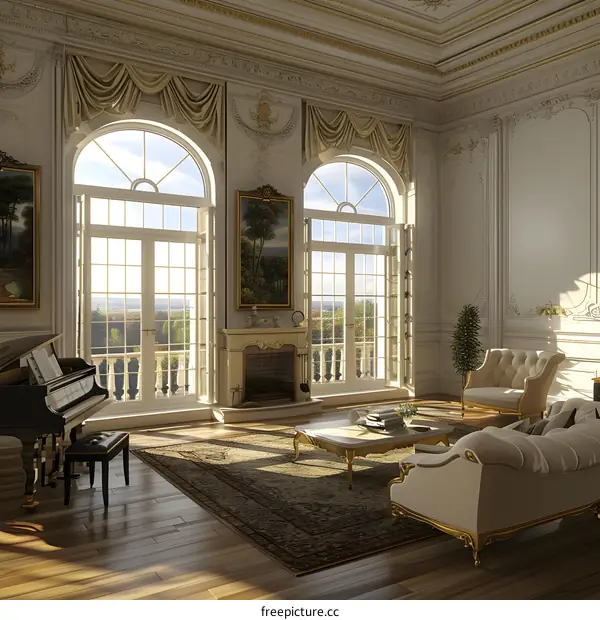 Luxurious living room with piano and fireplace