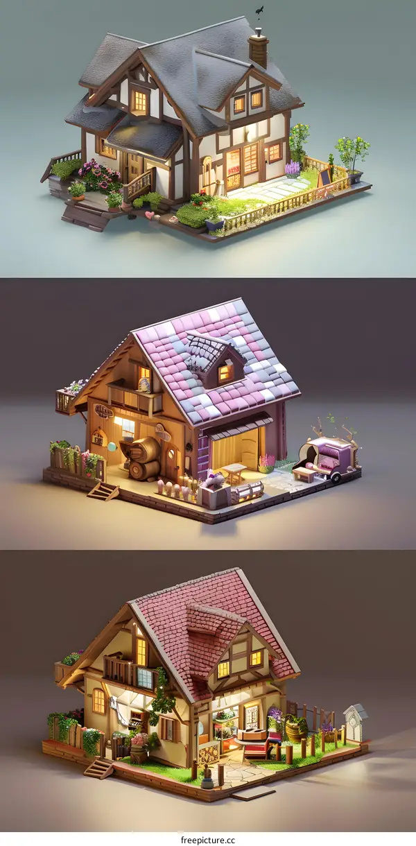 Cute 3D Illustration of Cozy Houses with Detailed Interiors and Yards