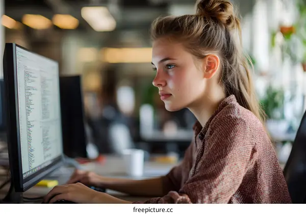 Young Woman Programmer Working on Computer Code in Office