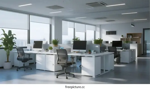 Modern Open Office Space with Ergonomic Desks and Plants