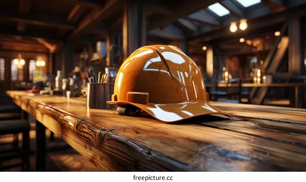 An orange hard hat sits on a wooden table in a building under construction