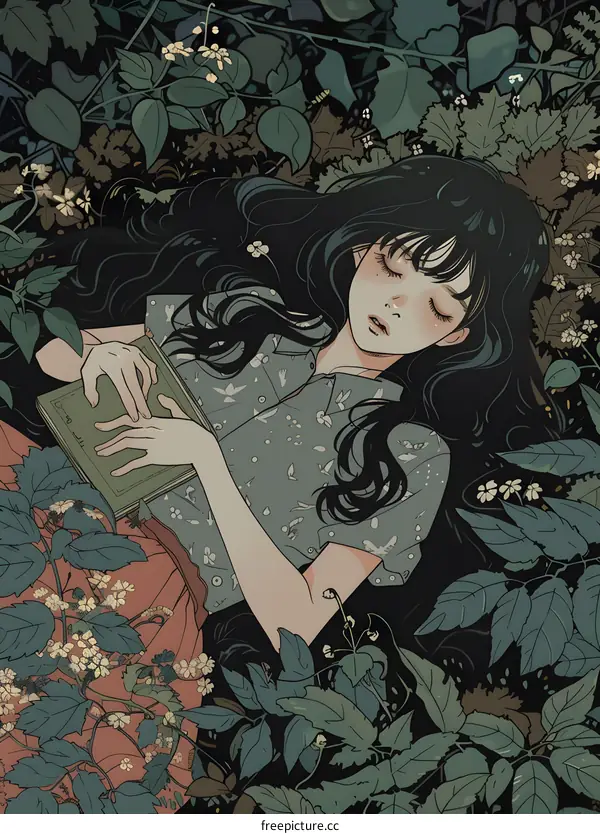 Sleeping Girl in Forest With Flowers Illustration