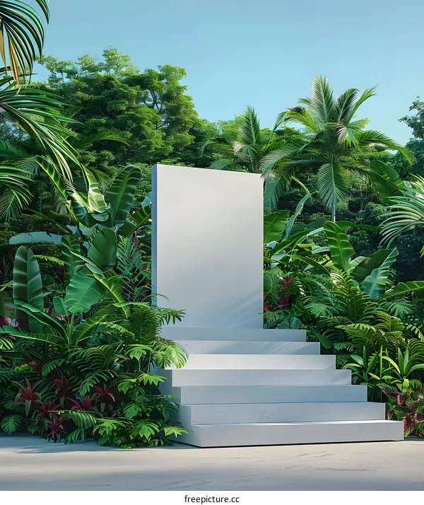 White Platform With Stairs In Tropical Jungle
