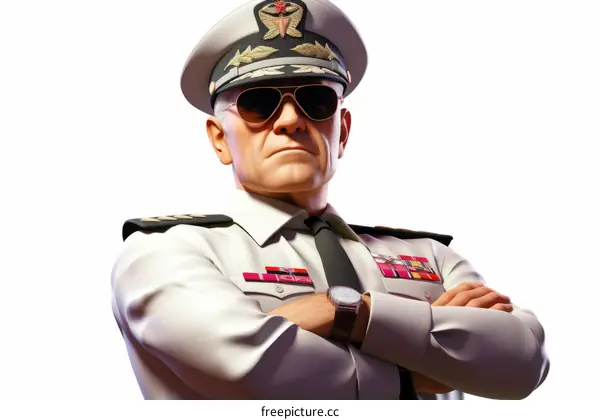 Portrait of Military General in White Uniform and Sunglasses