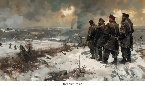 Four soldiers in winter uniform looking at a burning village