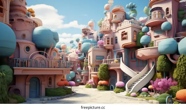 A Whimsical Cityscape with Bulbous Buildings and Pink Trees