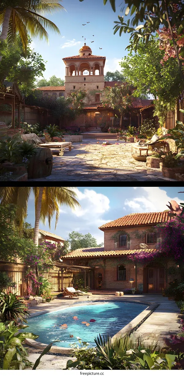 Tropical Villa with Swimming Pool and Palm Trees