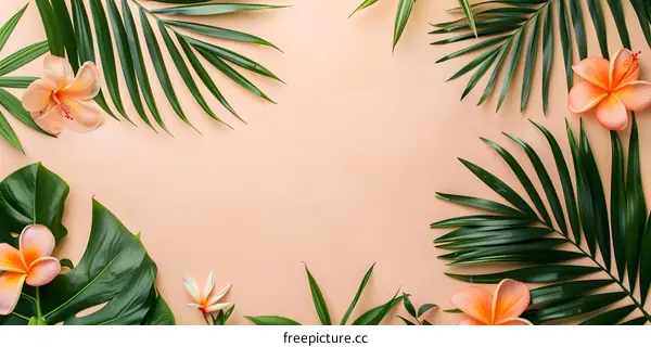 Tropical Leaves and Flowers on a Peach Background