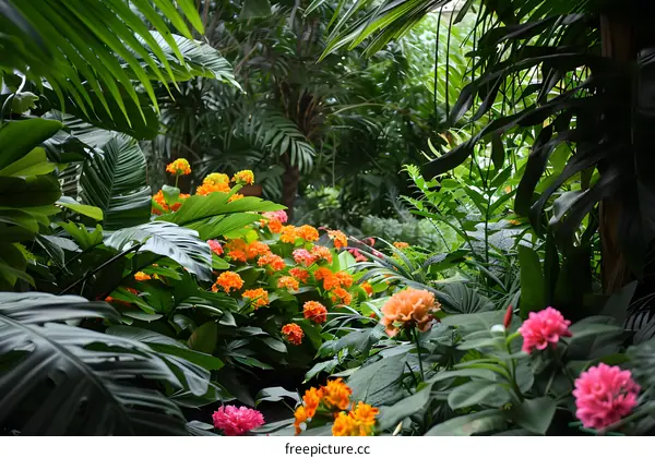 Tropical Garden with Lush Green Foliage and Vibrant Flowers