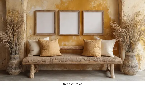 Bohemian Style Living Room Mockup with Empty Frames
