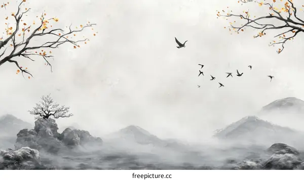 Misty Mountain Landscape with Flying Birds