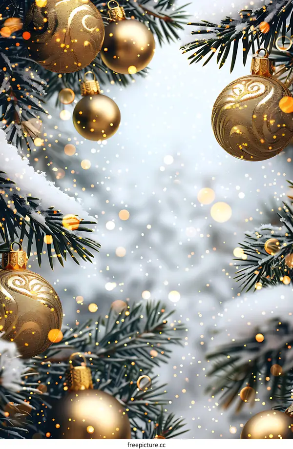 Christmas background with golden balls and blurred lights