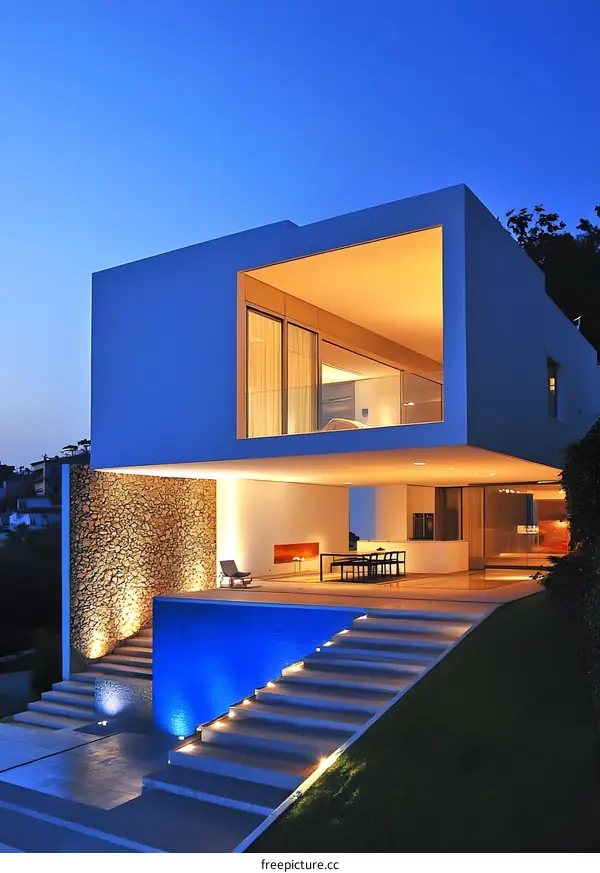 Modern Architecture House with Swimming Pool at Night