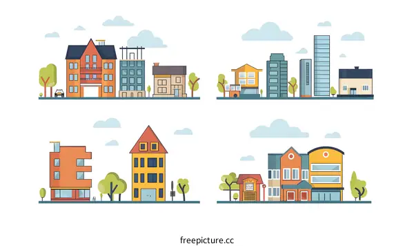 Illustration of a City with Different Buildings