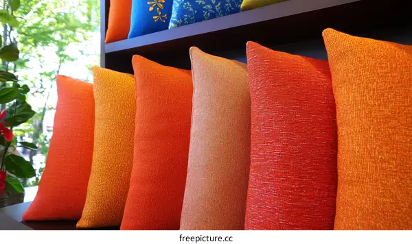 Colorful Decorative Cushions Displayed on Shelves