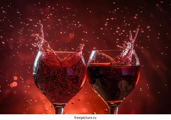 Two glasses of red wine with splash on red background