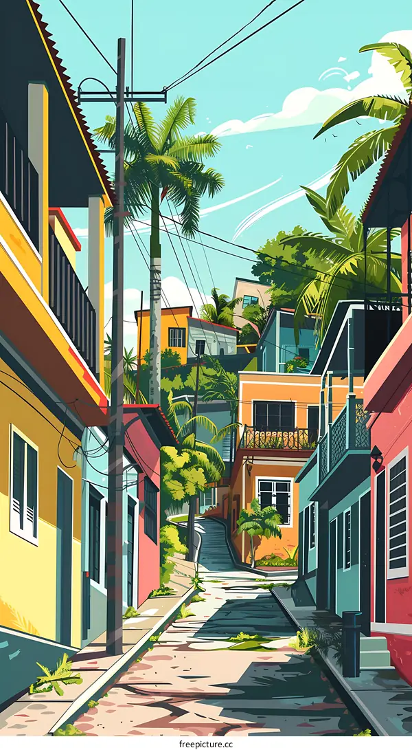 Colorful Street in Tropical City with Palm Trees